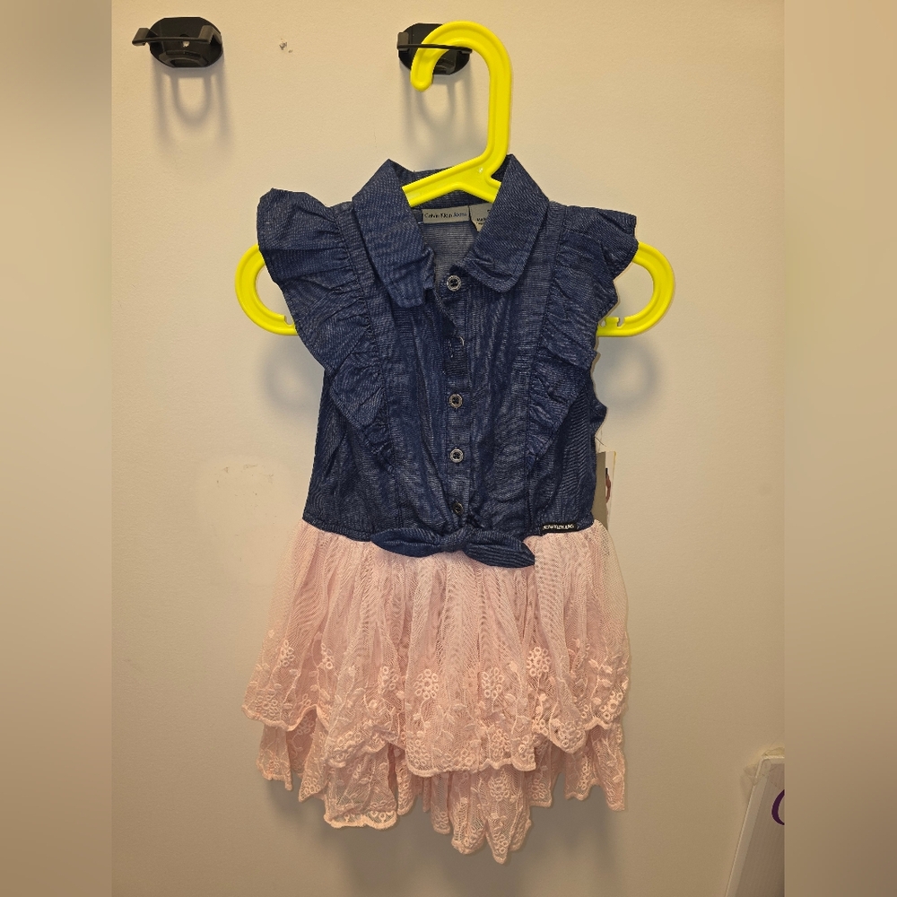 NWT Calvin Klein Jeans Denim and Pink Lace Dress Size 5